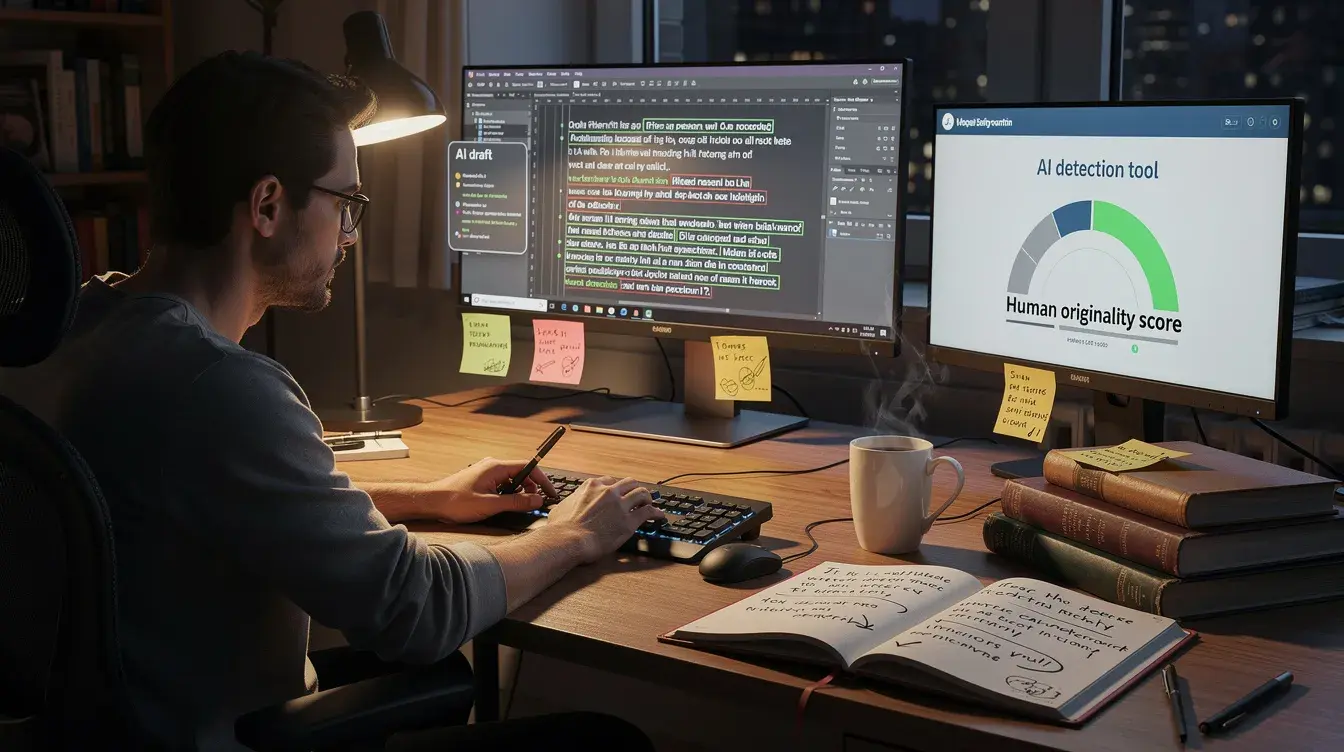 Writer editing an AI draft on one monitor while an AI detection tool shows a human originality score on another