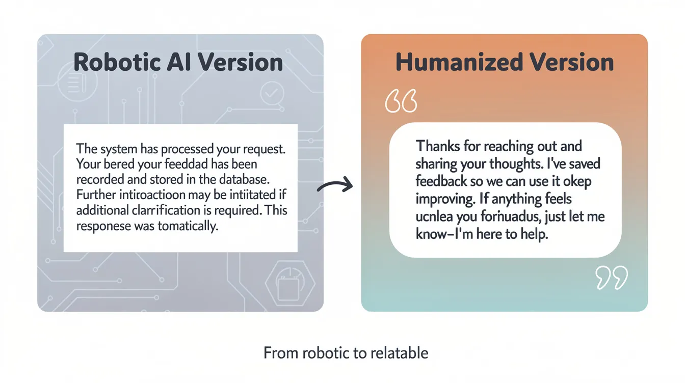 The image shows a side-by-side comparison of AI-generated text and the same content after being humanized, highlighting the difference between robotic phrasing and human-like writing. The left side displays the original AI text, while the right side features the rewritten version that reads naturally and engages the audience effectively.