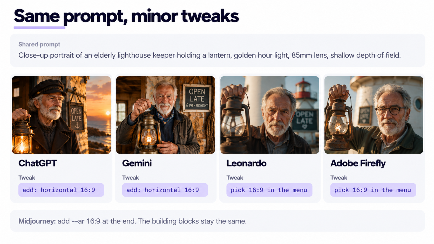 Same prompt in four different tools, showing style transfer with minor tweaks