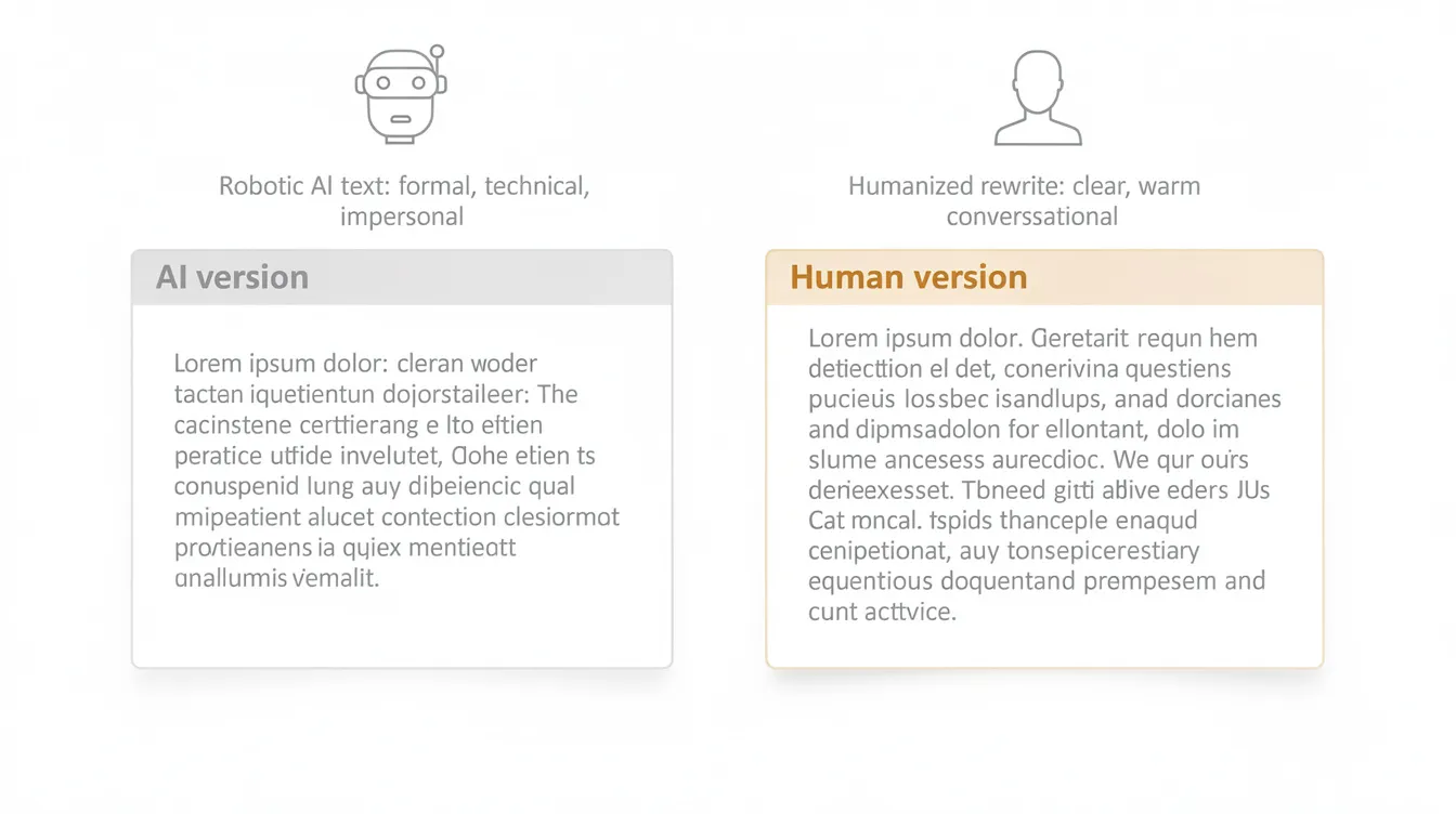 The image displays a side-by-side comparison of robotic AI text and its humanized rewrite, illustrating the differences in writing style and tone. The left side presents the AI-generated content, which sounds robotic and uses repetitive phrases, while the right side showcases a more natural phrasing with a human touch, enhancing clarity and engagement.