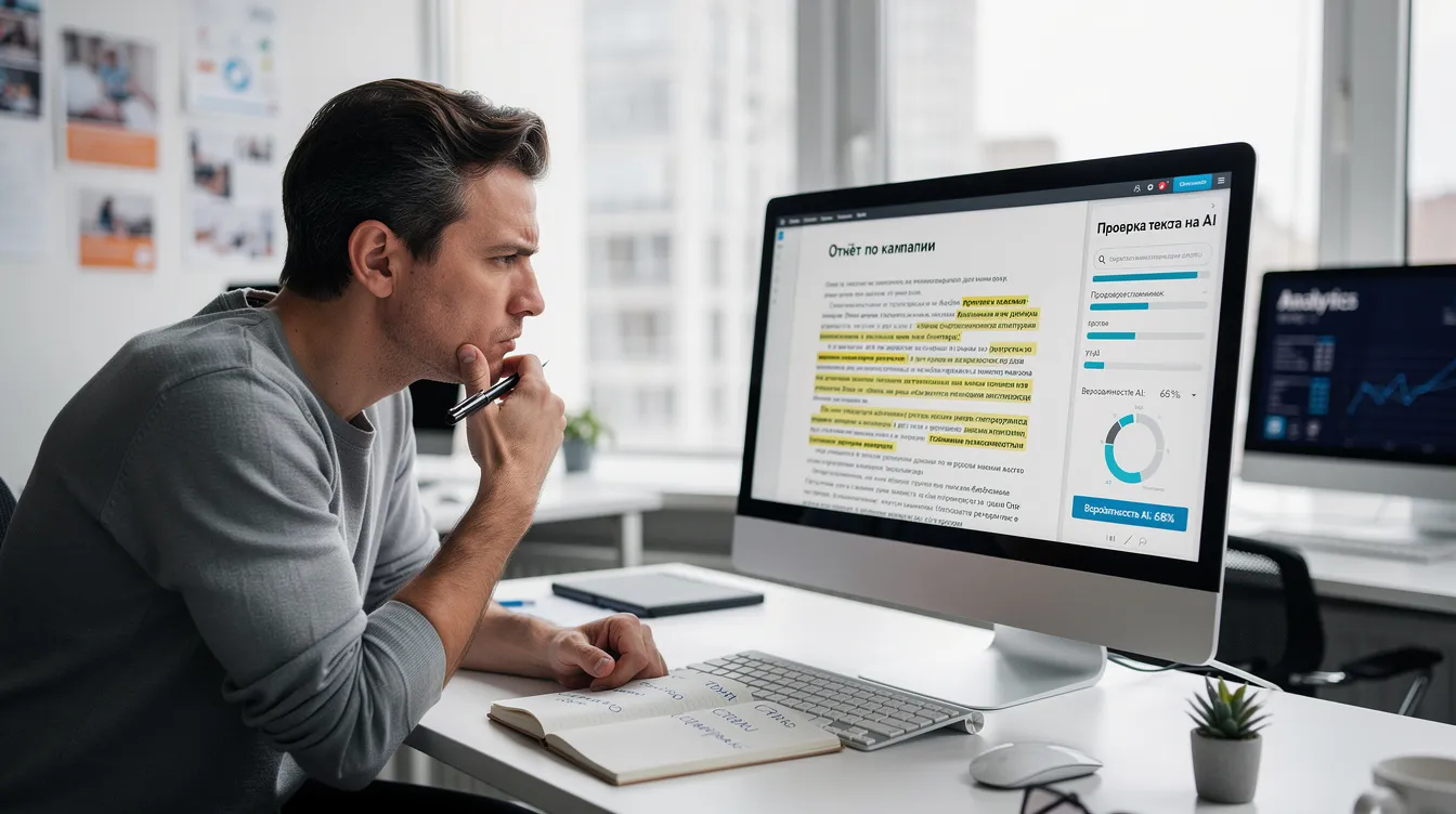 The image depicts a marketer intently analyzing a document on a computer screen, attempting to determine whether the text is human-written or generated by AI. Various AI detection tools and writing flow elements are visible in the background, emphasizing the importance of accurate AI detection in maintaining academic integrity and trust in written content.