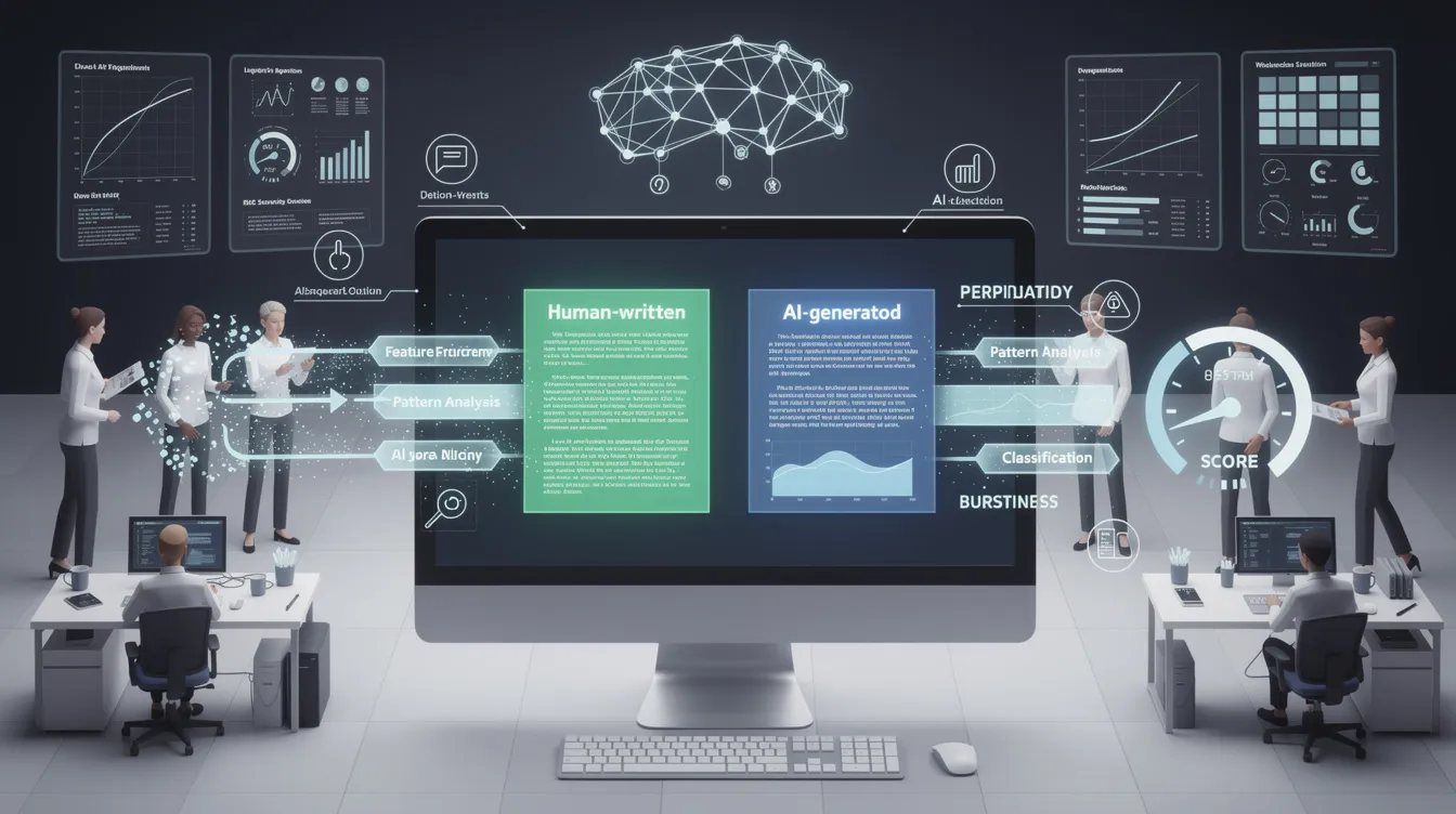 The image illustrates the concept of AI detection, showcasing various AI detection tools and their role in identifying AI-generated text versus human-written content. It highlights the importance of statistical analysis, sentence structure, and the limitations of AI detectors, emphasizing how these advanced AI models work to maintain academic integrity and promote transparency in content creation.