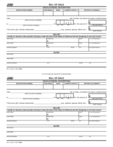 REG 135 Bill of Sale (Rev. 2/2007), both copies