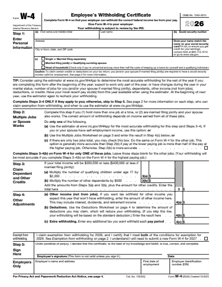 Page 1 of Form W-⁠4 (2026)