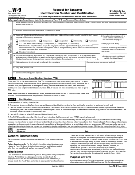Page 1 of Form W-⁠9 (Rev. March 2024)